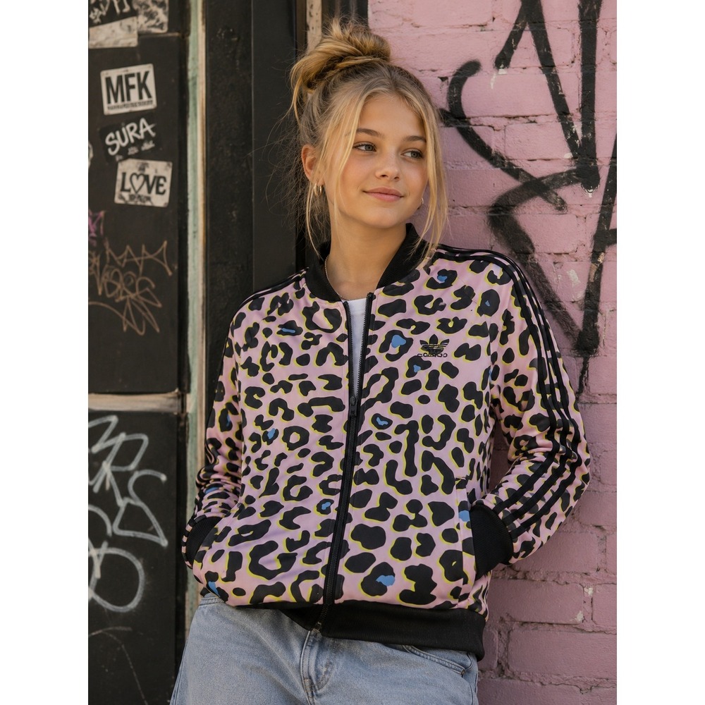 Adidas Youth Pink‎ Leopard Print Track Jacket Logo Y2K/90's Glam Pop Punk Street
